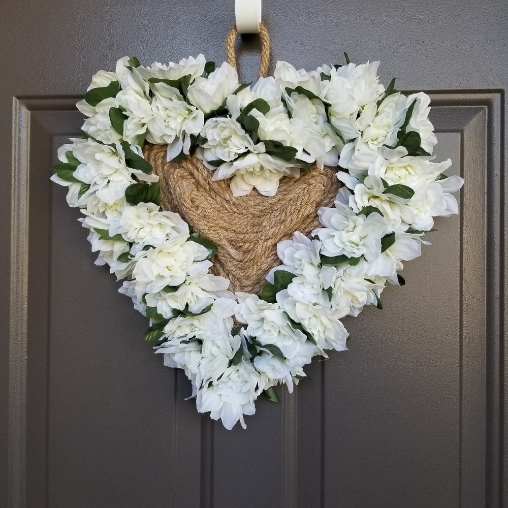 Custom Made White Flowers/Jute Heart Shaped Wreath